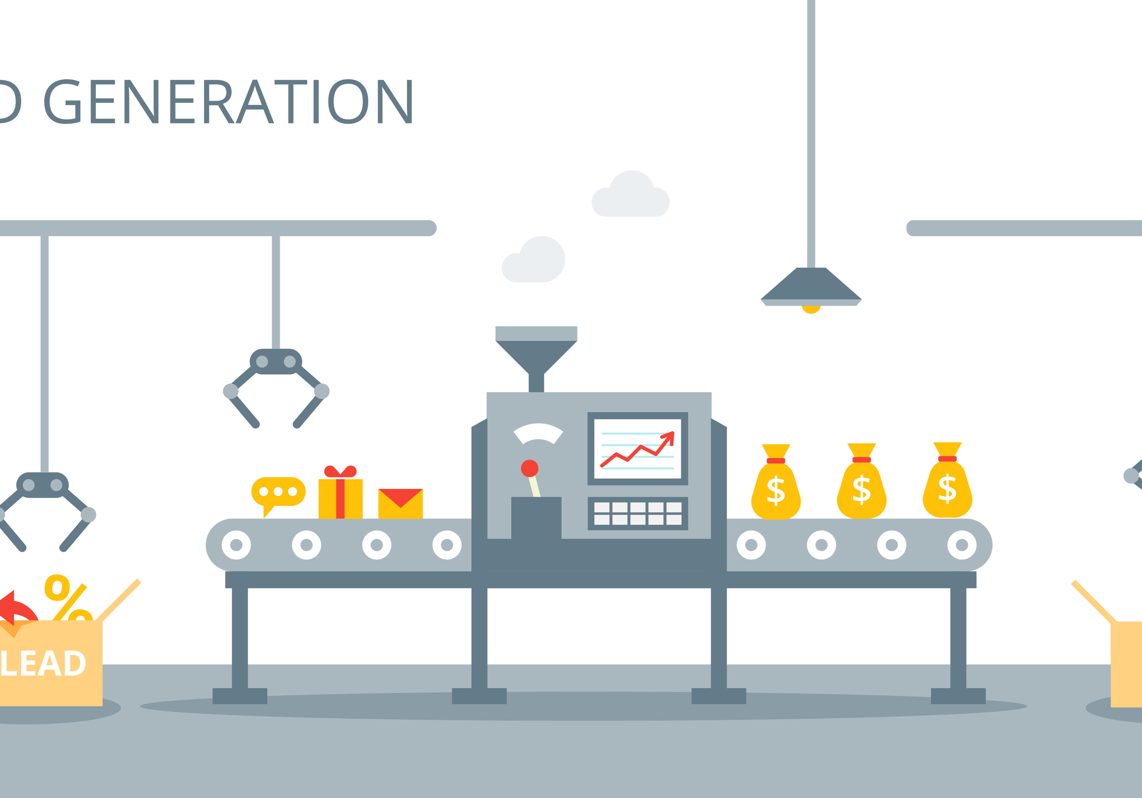 Lead generation vector concept. Process of leads production on the conveyor belt. Marketing concept in flat style.